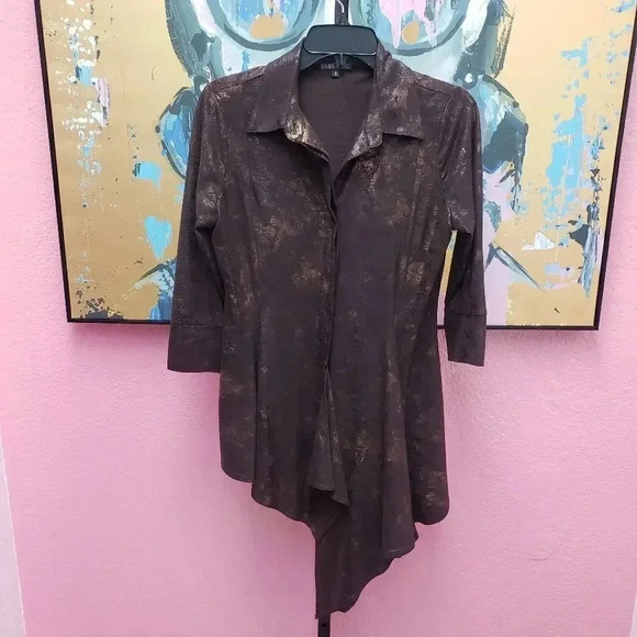 Boho Chic Brown and Gold Asymmetrical Button Front Top - Picture 1 of 6